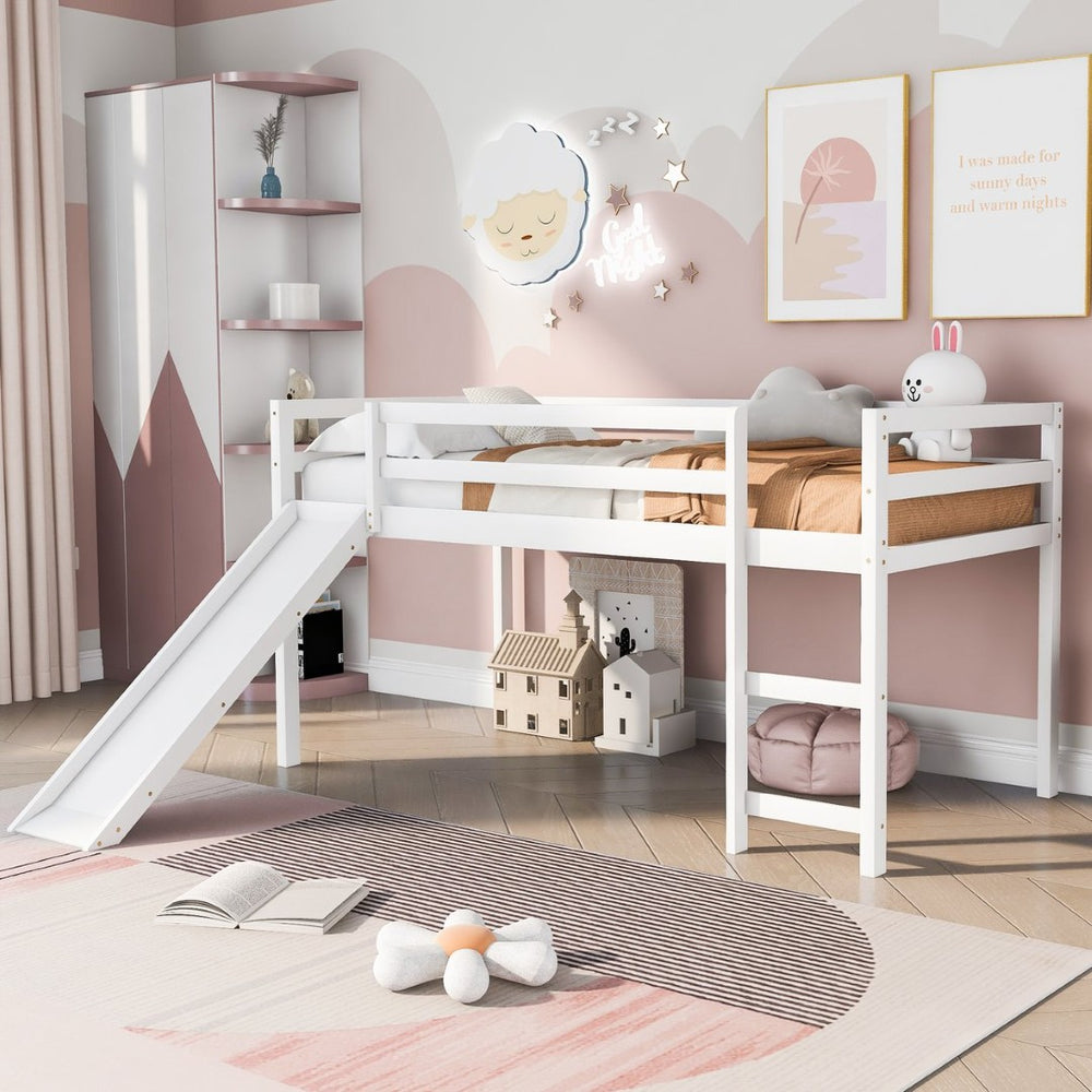 English Elm Loft Bed with Built-in Slide Solid Pine Twin Frame for Kids Bedroom Play N708P360093K