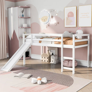 English Elm Loft Bed with Built-in Slide Solid Pine Twin Frame for Kids Bedroom Play N708P360093K