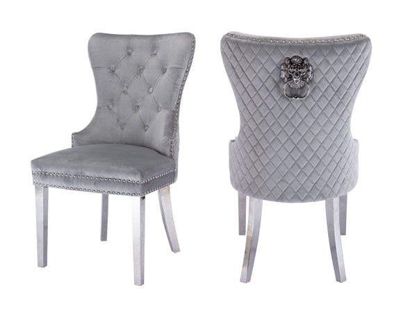 English Elm Simba Tufted Velvet Dining Chair Set (2) Light Gray with Quilted Back, Nailhead Trim & Lion Ring 808857961150