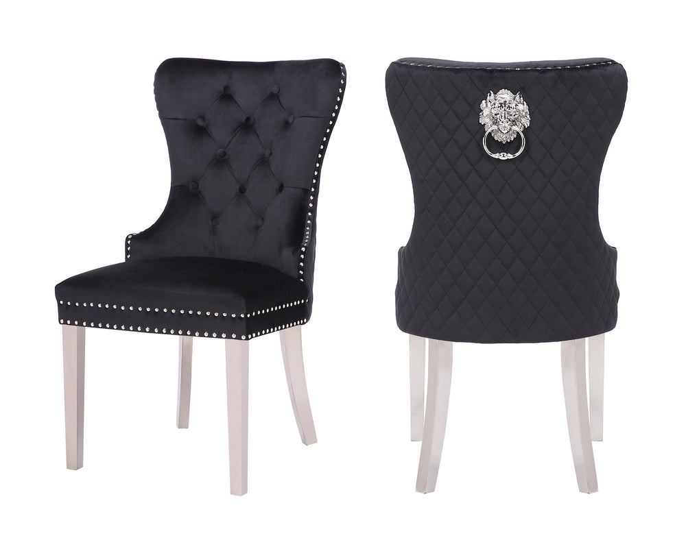 English Elm Simba Luxe Velvet Dining Chair Set - Tufted Black Upholstered Seats with Quilted Back, Nailhead Trim and Lion Head Ring (2) 808857776211