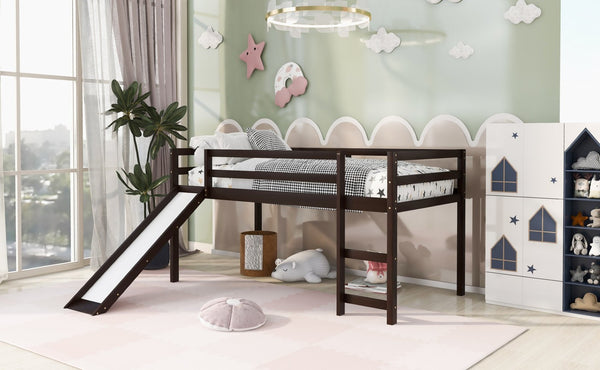 English Elm Loft Twin Bed with Built-in Slide Solid Pine Frame Kids Elevated Sleep Play Space WF292715AAP