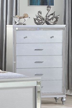 English Elm Sterling Mirrored 5-Drawer Chest Silver Finish — Elegant Solid & Manufactured Wood, Metallic Handles, Chic Legs 808857880727