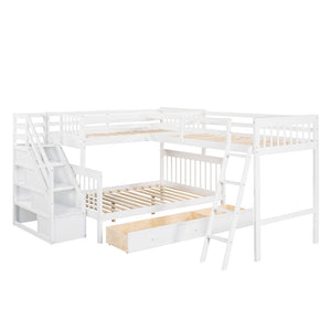 English Elm Twin Over Full L-shaped Bunk Bed with Staircase Storage Drawers and Guardrail White LT000810AAK-1