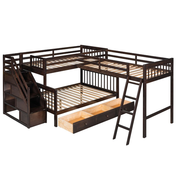 English Elm Twin Over Full L-shaped Bunk Bed with Staircase Storage Drawers and Guardrail Espresso LT000810AAP-1