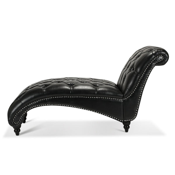 English Elm Tufted Armless Chaise Lounge with Birch Legs Deep Seat Velvet Upholstered Accent Black Pu W68039274