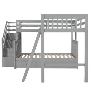 English Elm Twin Over Full L-shaped Bunk Bed with Staircase Storage Drawers and Guardrail Gray LT000810AAE-1