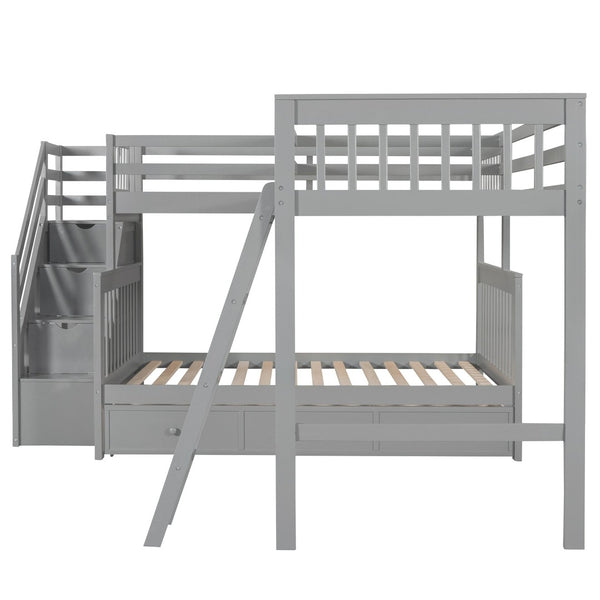 English Elm Twin Over Full L-shaped Bunk Bed with Staircase Storage Drawers and Guardrail Gray LT000810AAE-1