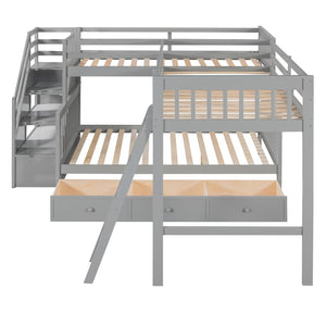 English Elm Twin Over Full L-shaped Bunk Bed with Staircase Storage Drawers and Guardrail Gray LT000810AAE-1