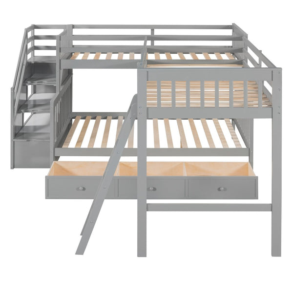 English Elm Twin Over Full L-shaped Bunk Bed with Staircase Storage Drawers and Guardrail Gray LT000810AAE-1