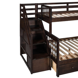 English Elm Twin Over Full L-shaped Bunk Bed with Staircase Storage Drawers and Guardrail Espresso LT000810AAP-1