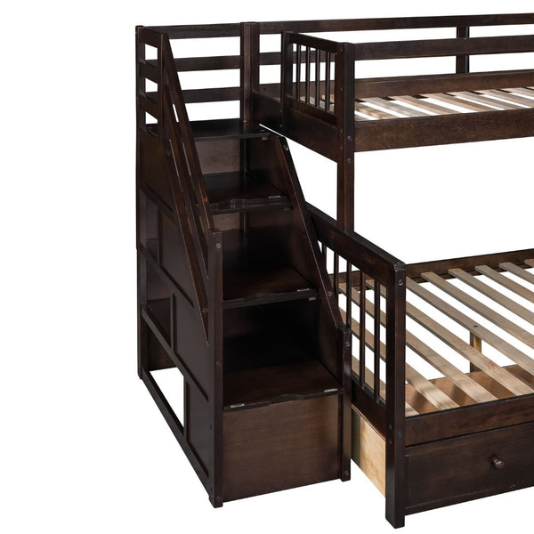 English Elm Twin Over Full L-shaped Bunk Bed with Staircase Storage Drawers and Guardrail Espresso LT000810AAP-1