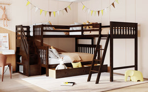 English Elm Twin Over Full L-shaped Bunk Bed with Staircase Storage Drawers and Guardrail Espresso LT000810AAP-1
