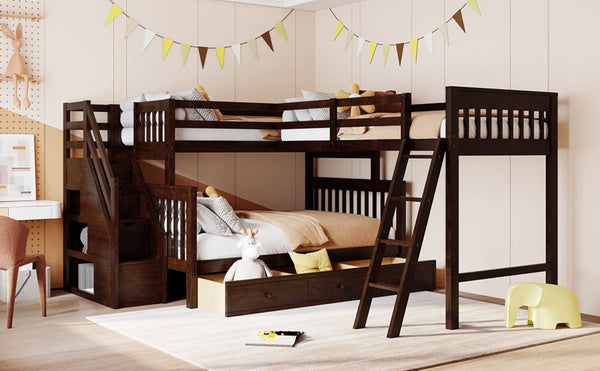 English Elm Twin Over Full L-shaped Bunk Bed with Staircase Storage Drawers and Guardrail Espresso LT000810AAP-1