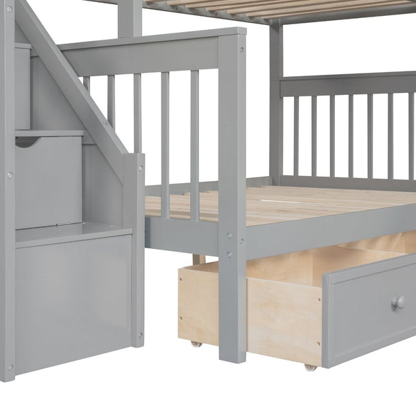 English Elm Twin Over Full L-shaped Bunk Bed with Staircase Storage Drawers and Guardrail Gray LT000810AAE-1