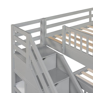 English Elm Twin Over Full L-shaped Bunk Bed with Staircase Storage Drawers and Guardrail Gray LT000810AAE-1