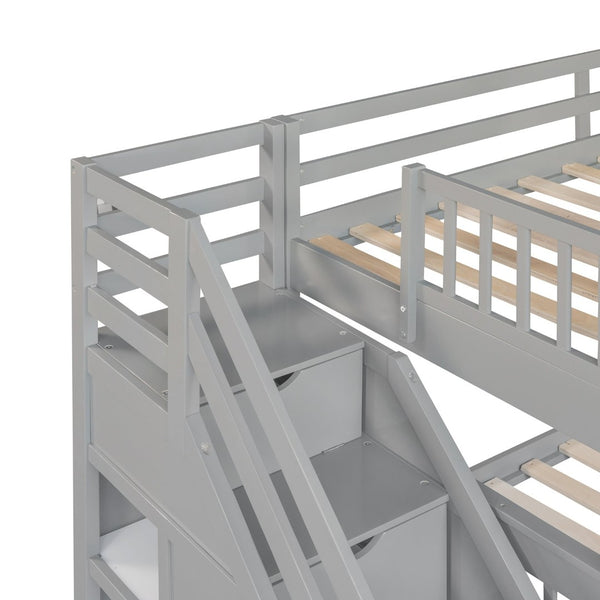 English Elm Twin Over Full L-shaped Bunk Bed with Staircase Storage Drawers and Guardrail Gray LT000810AAE-1