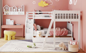 English Elm Twin Over Full L-shaped Bunk Bed with Staircase Storage Drawers and Guardrail White LT000810AAK-1