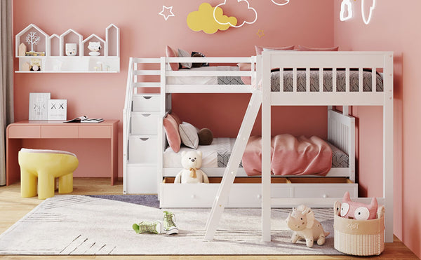 English Elm Twin Over Full L-shaped Bunk Bed with Staircase Storage Drawers and Guardrail White LT000810AAK-1