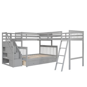 English Elm Twin Over Full L-shaped Bunk Bed with Staircase Storage Drawers and Guardrail Gray LT000810AAE-1