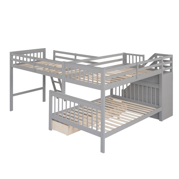 English Elm Twin Over Full L-shaped Bunk Bed with Staircase Storage Drawers and Guardrail Gray LT000810AAE-1