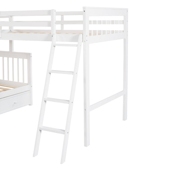 English Elm Twin Over Full L-shaped Bunk Bed with Staircase Storage Drawers and Guardrail White LT000810AAK-1