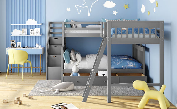 English Elm Twin Over Full L-shaped Bunk Bed with Staircase Storage Drawers and Guardrail Gray LT000810AAE-1