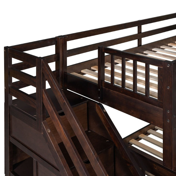 English Elm Twin Over Full L-shaped Bunk Bed with Staircase Storage Drawers and Guardrail Espresso LT000810AAP-1