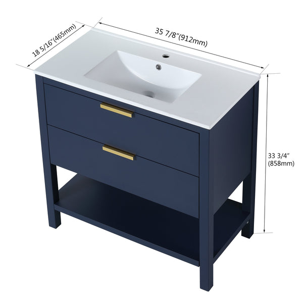 English Elm 36 Inch Freestanding Plywood Bathroom Vanity with Resin Sink, Soft-Close Drawers & Metal Handle Durable Support Navy Blue W99951420