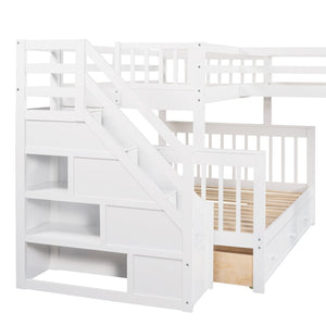 English Elm Twin Over Full L-shaped Bunk Bed with Staircase Storage Drawers and Guardrail White LT000810AAK-1