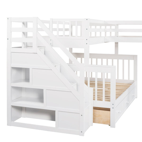 English Elm Twin Over Full L-shaped Bunk Bed with Staircase Storage Drawers and Guardrail White LT000810AAK-1