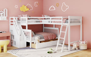 English Elm Twin Over Full L-shaped Bunk Bed with Staircase Storage Drawers and Guardrail White LT000810AAK-1