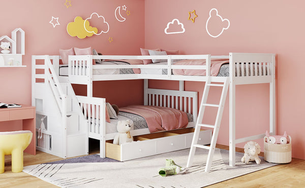 English Elm Twin Over Full L-shaped Bunk Bed with Staircase Storage Drawers and Guardrail White LT000810AAK-1
