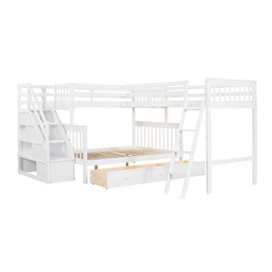 English Elm Twin Over Full L-shaped Bunk Bed with Staircase Storage Drawers and Guardrail White LT000810AAK-1
