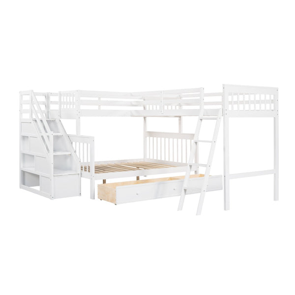 English Elm Twin Over Full L-shaped Bunk Bed with Staircase Storage Drawers and Guardrail White LT000810AAK-1