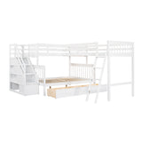 Hearth and Haven Twin over Full L-Shaped Bunk Bed with 3 Drawers, Ladder and Storage Staircase, White LT000810AAK