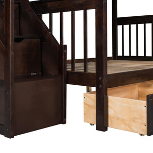 English Elm Twin Over Full L-shaped Bunk Bed with Staircase Storage Drawers and Guardrail Espresso LT000810AAP-1
