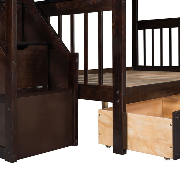 English Elm Twin Over Full L-shaped Bunk Bed with Staircase Storage Drawers and Guardrail Espresso LT000810AAP-1