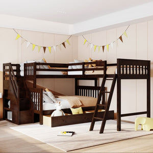 English Elm Twin Over Full L-shaped Bunk Bed with Staircase Storage Drawers and Guardrail Espresso LT000810AAP-1