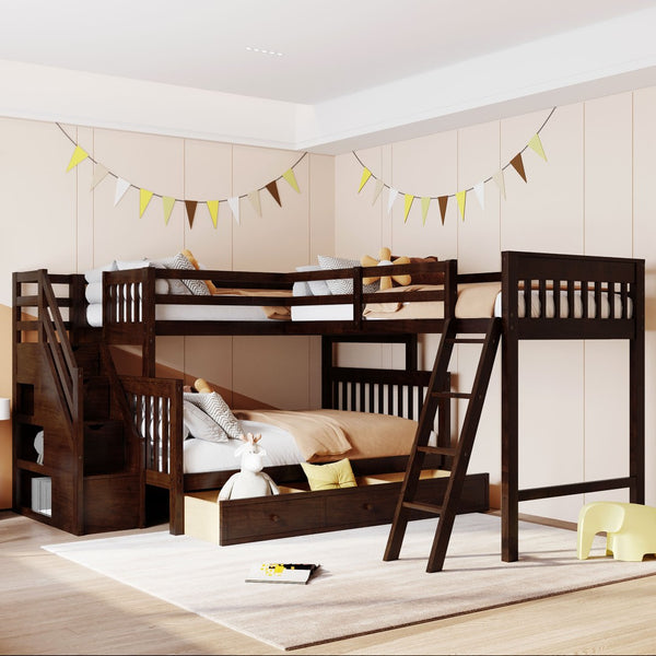 English Elm Twin Over Full L-shaped Bunk Bed with Staircase Storage Drawers and Guardrail Espresso LT000810AAP-1