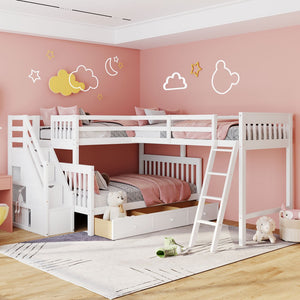 English Elm Twin Over Full L-shaped Bunk Bed with Staircase Storage Drawers and Guardrail White LT000810AAK-1