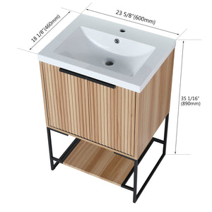 English Elm 24 Inch Freestanding Bathroom Vanity with Resin Basin, Soft-Close Doors, Open Shelf Storage, Modern Design W999P181590