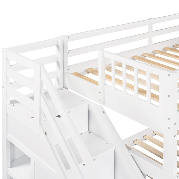 English Elm Twin Over Full L-shaped Bunk Bed with Staircase Storage Drawers and Guardrail White LT000810AAK-1