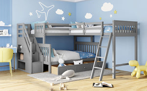 English Elm Twin Over Full L-shaped Bunk Bed with Staircase Storage Drawers and Guardrail Gray LT000810AAE-1
