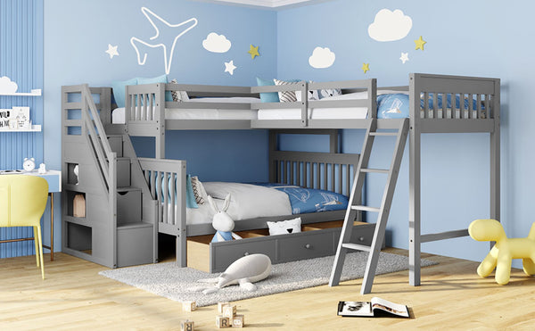 English Elm Twin Over Full L-shaped Bunk Bed with Staircase Storage Drawers and Guardrail Gray LT000810AAE-1