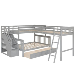 English Elm Twin Over Full L-shaped Bunk Bed with Staircase Storage Drawers and Guardrail Gray LT000810AAE-1