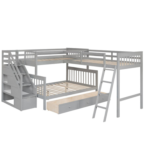 English Elm Twin Over Full L-shaped Bunk Bed with Staircase Storage Drawers and Guardrail Gray LT000810AAE-1