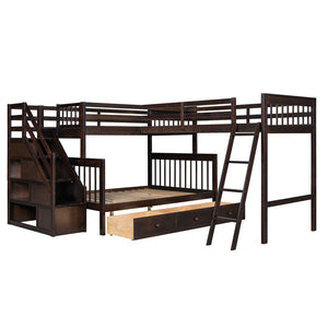 English Elm Twin Over Full L-shaped Bunk Bed with Staircase Storage Drawers and Guardrail Espresso LT000810AAP-1
