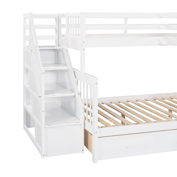 English Elm Twin Over Full L-shaped Bunk Bed with Staircase Storage Drawers and Guardrail White LT000810AAK-1