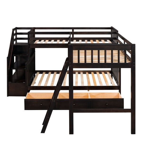 English Elm Twin Over Full L-shaped Bunk Bed with Staircase Storage Drawers and Guardrail Espresso LT000810AAP-1