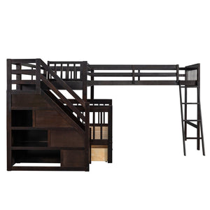 English Elm Twin Over Full L-shaped Bunk Bed with Staircase Storage Drawers and Guardrail Espresso LT000810AAP-1